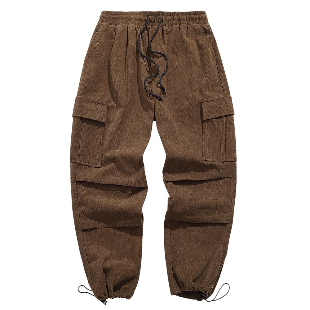 Brown Corduroy Cargo Pants Mens Casual Drawstring Joggers‎ Trousers